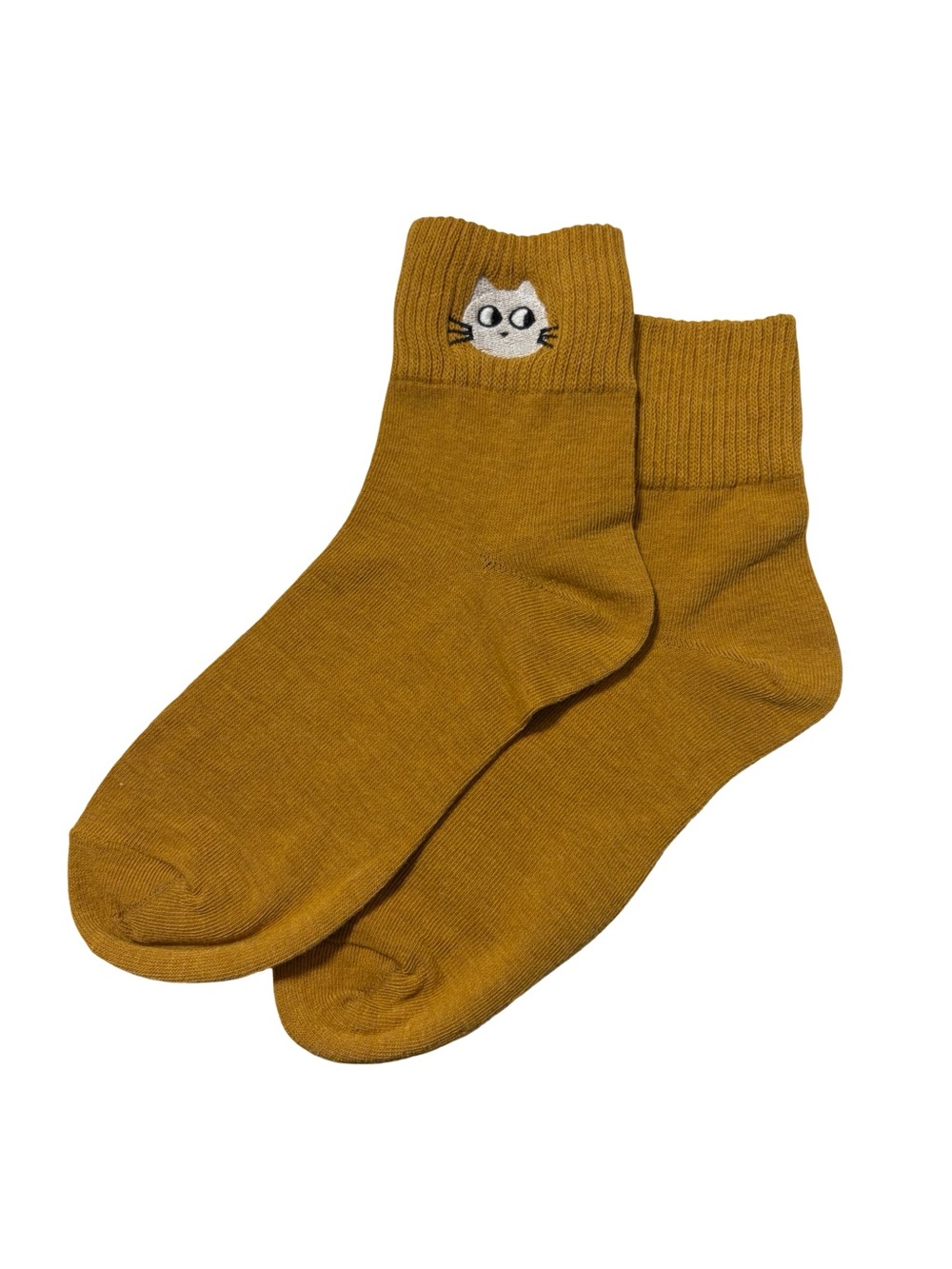Cute Cat Embroidered Low Crew Socks Mustard Yellow Womens One Size